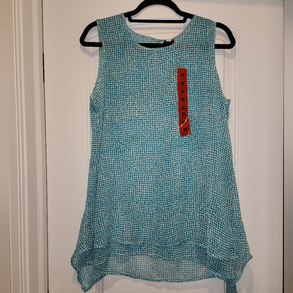 NWT Fever Teal Blue and White patterned Tunic Tank Top Size L